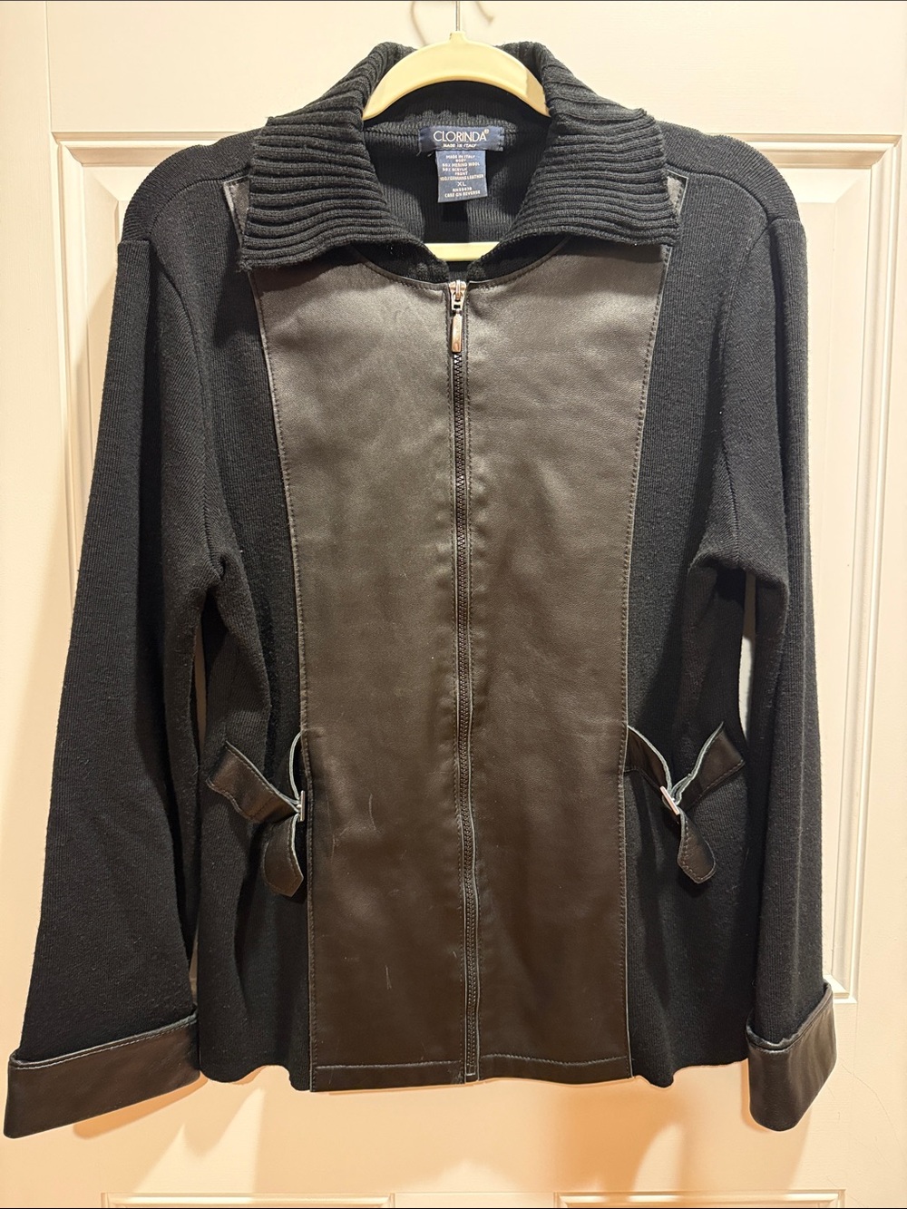 Clorinda Made in Italy Black Leather-Trim Zip Front Women's Jacket Size XL